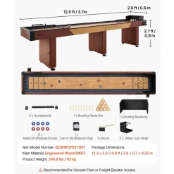 VEVOR 12 ft Shuffleboard Table, 2 in 1 Shuffleboard and Bowling Combo Set, Shuffle Board with Rustic Wood Finish, Scratch-Resistant Playfield, 8 Pucks, Bowling Set, Wax, Brush, for Family Game Room
