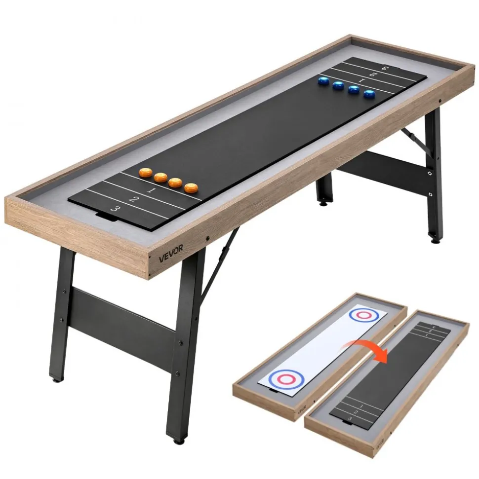 VEVOR 7 ft Shuffleboard Table, 2 in 1 Shuffleboard and Tabletop Curling Combo Game, Compact Shuffle Board with Smooth Surface, Folding Legs, 8 Pucks, Easy to Disassemble and Move, for Family Game Room