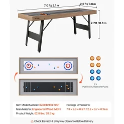 VEVOR 7 ft Shuffleboard Table, 2 in 1 Shuffleboard and Tabletop Curling Combo Game, Compact Shuffle Board with Smooth Surface, Folding Legs, 8 Pucks, Easy to Disassemble and Move, for Family Game Room
