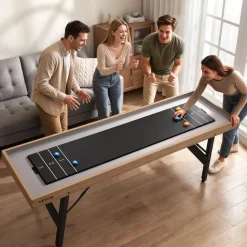 VEVOR 7 ft Shuffleboard Table, 2 in 1 Shuffleboard and Tabletop Curling Combo Game, Compact Shuffle Board with Smooth Surface, Folding Legs, 8 Pucks, Easy to Disassemble and Move, for Family Game Room