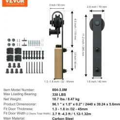 VEVOR 5FT Sliding Barn Door Hardware Kit, 330 LBS Weight Capacity, Compatible with 30 Inches Max Width & 1-3/8 to 1-3/4 Inches Thickness Single Sliding Barn Door, Durable Track & J-shape Roller,Black