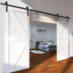 VEVOR 8FT Sliding Barn Door Hardware Kit, 330LBS Heavy Duty Barn Door Track Kit for Double Doors, Fit 3.7-4.3FT Total Wide and 1.3
