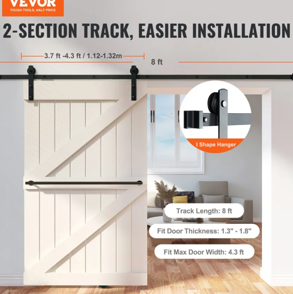 VEVOR 8FT Sliding Barn Door Hardware Kit, 330LBS Loading Heavy Duty Barn Door Track Kit for Single Door, Fit 3.7-4.3FT Wide and 1.3"-1.8" Thick Door Panel, with Smooth & Silent Pulley (I Shape)