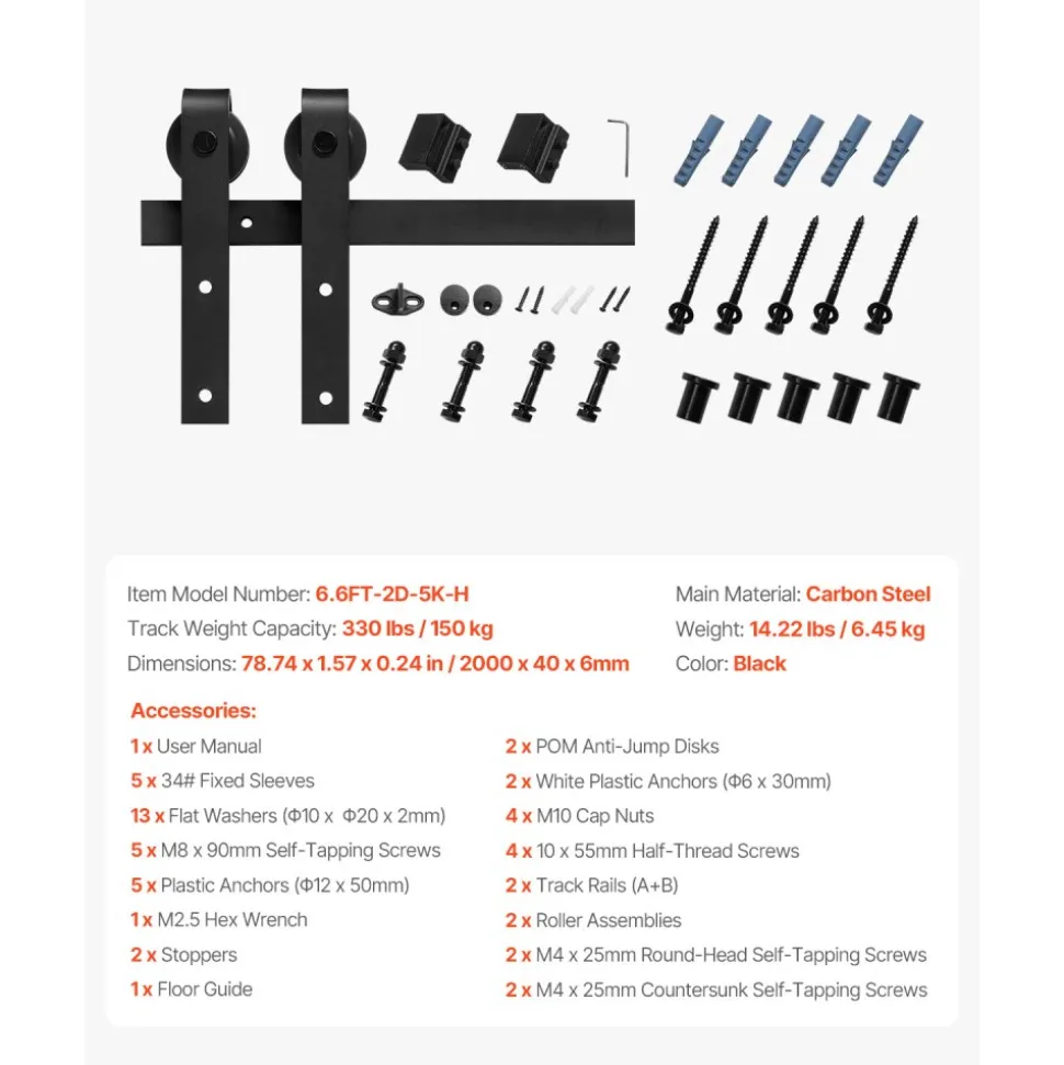 VEVOR 6.6FT Sliding Barn Door Hardware Kit, 330 LBS Weight Capacity, Compatible with 36-40 Inches Width & 1-3/8 to 1-3/4 Inches Thickness Single Sliding Barn Door, Durable Track & J-shape Roller Black