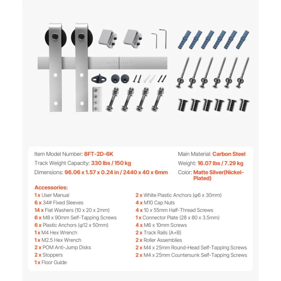 VEVOR 8FT Sliding Barn Door Hardware Kit, 330 LBS Weight Capacity, Compatible with 42 to 48 Inches Width & 1-3/8 to 1-3/4 Inches Thickness Single Sliding Barn Door, Durable Track & J-shape Roller