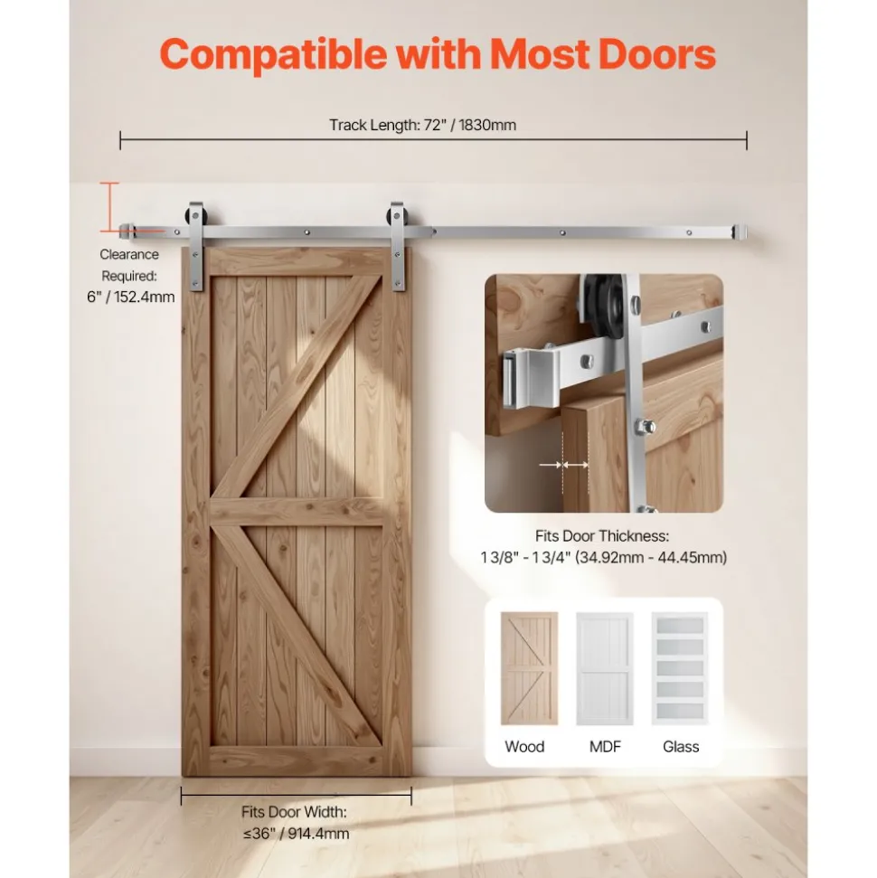 VEVOR 6FT Sliding Barn Door Hardware Kit, 330 LBS Weight Capacity, Compatible with 36 Inches Max Width & 1-3/8 to 1-3/4 Inches Thickness Single Sliding Barn Door, Durable Track & J-shape Roller Silver