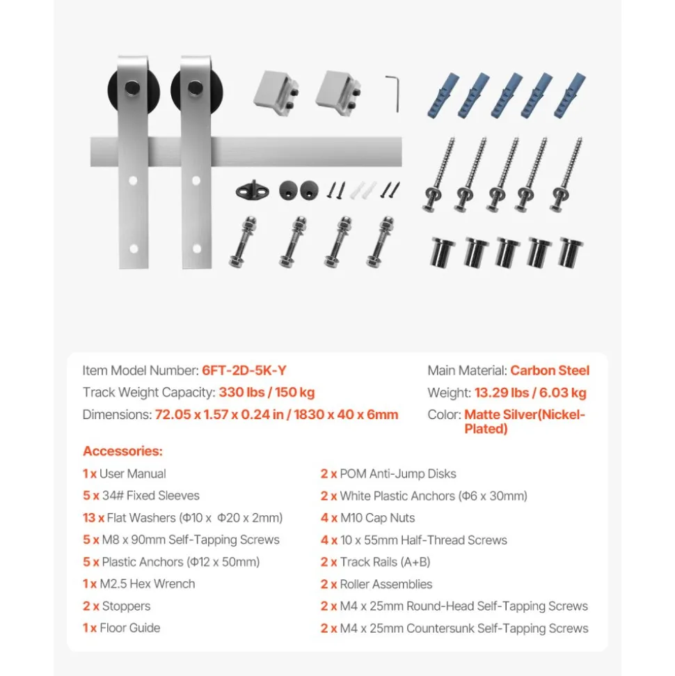 VEVOR 6FT Sliding Barn Door Hardware Kit, 330 LBS Weight Capacity, Compatible with 36 Inches Max Width & 1-3/8 to 1-3/4 Inches Thickness Single Sliding Barn Door, Durable Track & J-shape Roller Silver