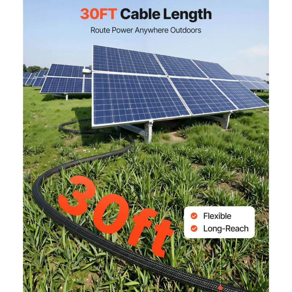 VEVOR 30FT Solar Panel Extension Cable, 10 AWG, Solar Panel Wire with Flame Retardant Protective Sleeving, Female and Male Connectors, IP67 Waterproof PV Wire, for Outdoor Automotive RV, Black & Red