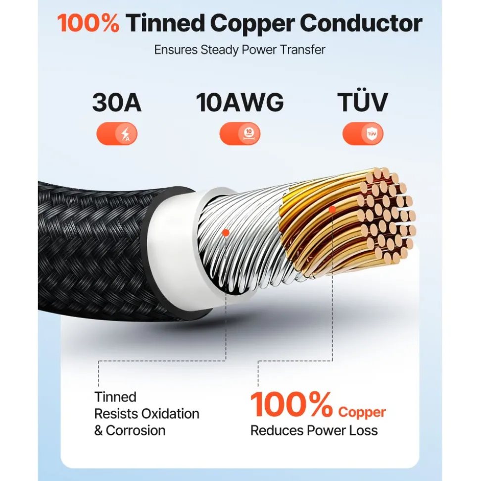 VEVOR 30FT Solar Panel Extension Cable, 10 AWG, Solar Panel Wire with Flame Retardant Protective Sleeving, Female and Male Connectors, IP67 Waterproof PV Wire, for Outdoor Automotive RV, Black & Red