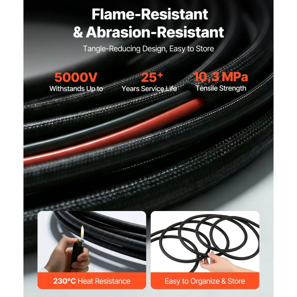 VEVOR 30FT Solar Panel Extension Cable, 10 AWG, Solar Panel Wire with Flame Retardant Protective Sleeving, Female and Male Connectors, IP67 Waterproof PV Wire, for Outdoor Automotive RV, Black & Red