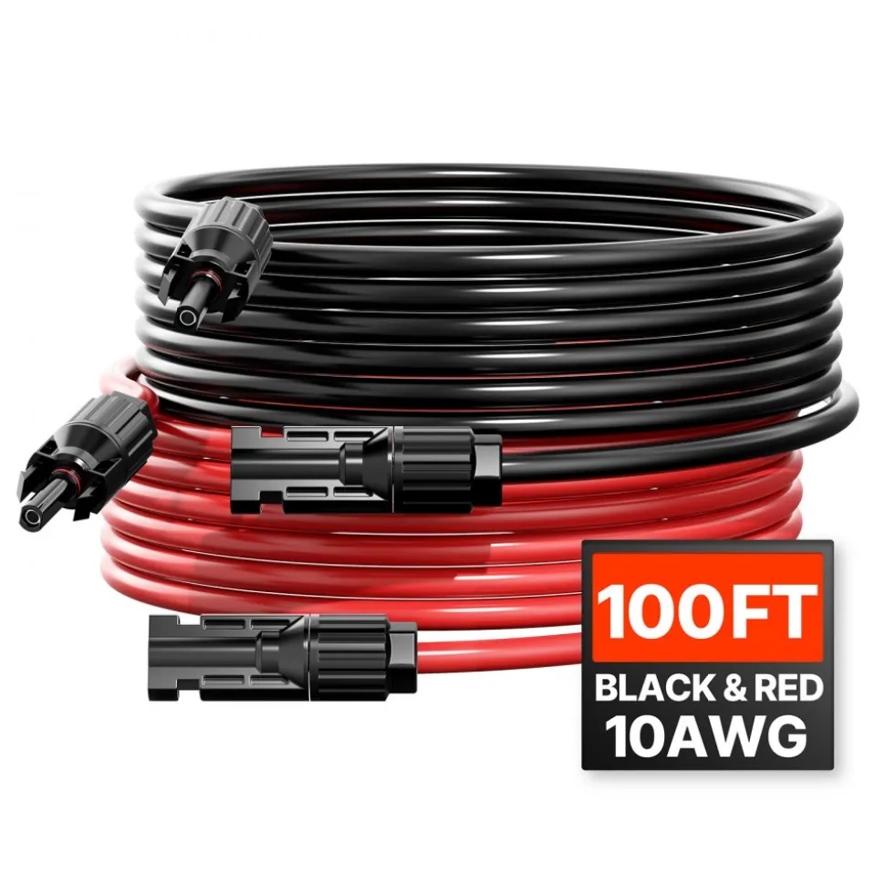 VEVOR 100FT Solar Panel Extension Cable, 10AWG Solar Extension Cable Wire with Female & Male Waterproof Connectors, 6mm² PV Cable for Home, Ship and RV Solar Panels, 100FT Black + 100FT Red (Set of 2)