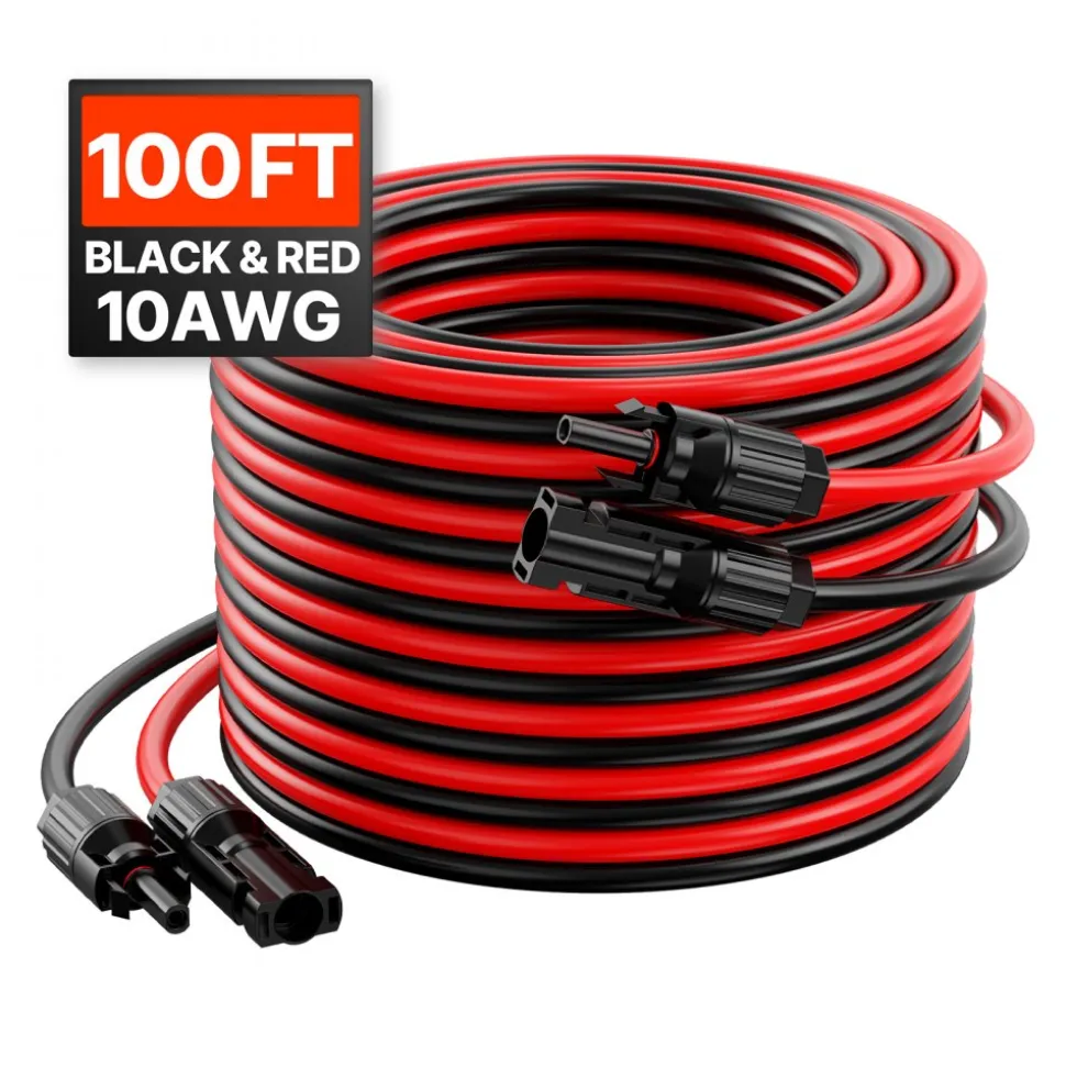 VEVOR 100FT Solar Panel Extension Cable, 10AWG Solar Extension Cable Wire with Female & Male Waterproof Connectors, 6mm² PV Cable for Home, Ship and RV Solar Panels, 100FT Black + 100FT Red (Set of 2)