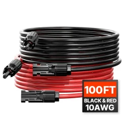 VEVOR 100FT Solar Panel Extension Cable, 10AWG Solar Extension Cable Wire with Female & Male Waterproof Connectors, 6mm² PV Cable for Home, Ship and RV Solar Panels, 100FT Black + 100FT Red (Set of 2)