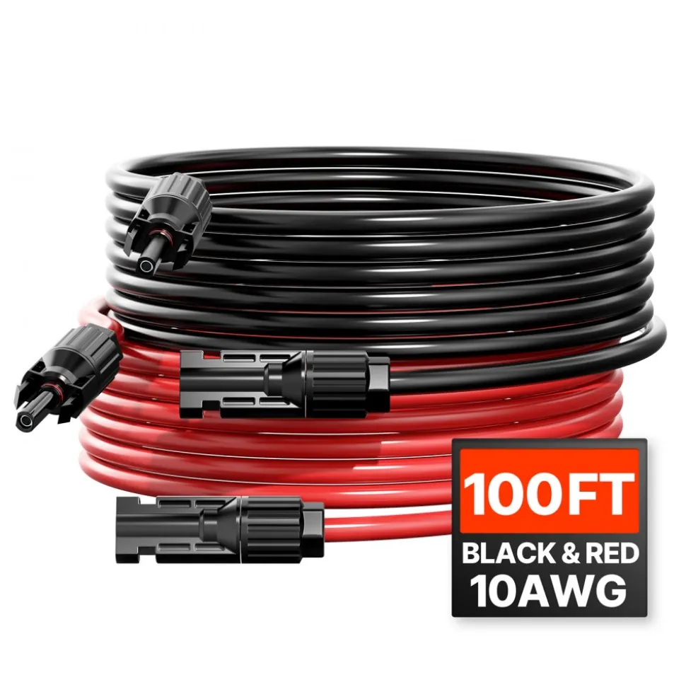 VEVOR 100FT Solar Panel Extension Cable, 10AWG Solar Extension Cable Wire with Female & Male Waterproof Connectors, 6mm² PV Cable for Home, Ship and RV Solar Panels, 100FT Black + 100FT Red (Set of 2)