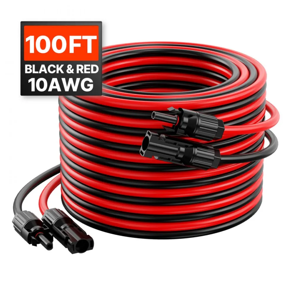 VEVOR 100FT Solar Panel Extension Cable, 10AWG Solar Extension Cable Wire with Female & Male Waterproof Connectors, 6mm² PV Cable for Home, Ship and RV Solar Panels, 100FT Black + 100FT Red (Set of 2)