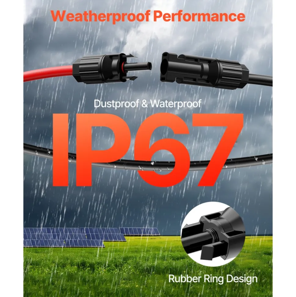 VEVOR 100FT Solar Panel Extension Cable, 10AWG Solar Extension Cable Wire with Female & Male Waterproof Connectors, 6mm² PV Cable for Home, Ship and RV Solar Panels, 100FT Black + 100FT Red (Set of 2)