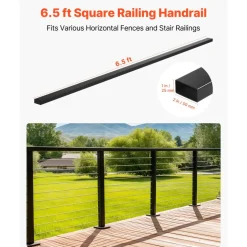 VEVOR 6.5 ft Stainless Steel Handrail, Rectangular Top Stair Deck Hand Rail for Outdoor/Indoor Steps with End Cap,Matte Black Coating Adjustable Metal Stair Rail for Cable Railing Kit