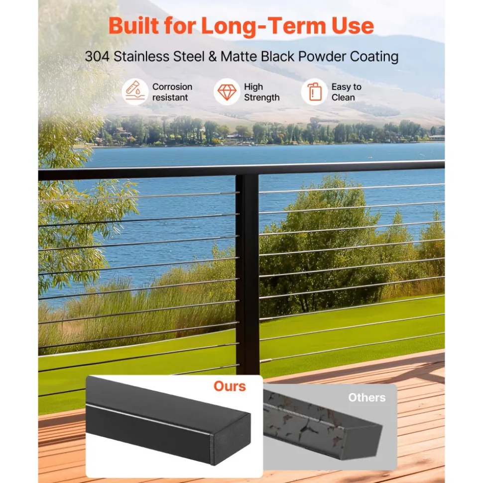 VEVOR 6.5 ft Stainless Steel Handrail, Rectangular Top Stair Deck Hand Rail for Outdoor/Indoor Steps with End Cap,Matte Black Coating Adjustable Metal Stair Rail for Cable Railing Kit
