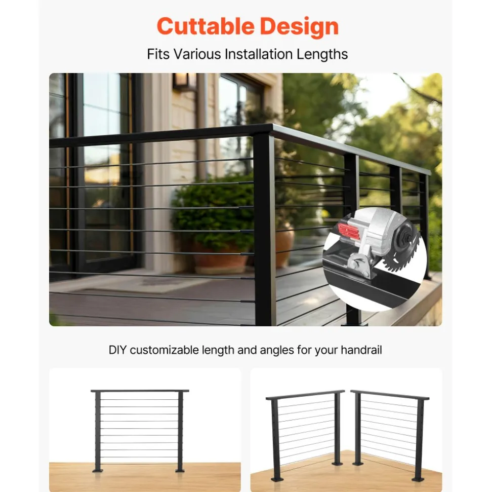 VEVOR 6.5 ft Stainless Steel Handrail, Rectangular Top Stair Deck Hand Rail for Outdoor/Indoor Steps with End Cap,Matte Black Coating Adjustable Metal Stair Rail for Cable Railing Kit