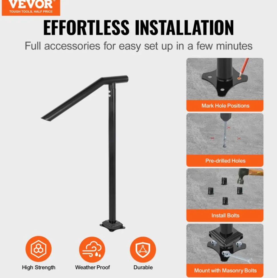 VEVOR 3Ft Step Railing, Iron Stair Handrail Floor Mounted Sturdy Black Arched Handrails for Outdoor Indoor Steps Fits 2 to 3 Steps