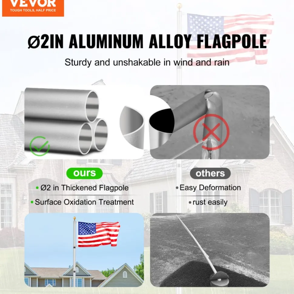 VEVOR 20FT Telescoping Flag pole Kit, Heavy Duty Aluminum Alloy in Ground Flag Poles for Outside, 3 Display Modes Flagpole with 3x5 American Flag, Professional Accessories, Silver