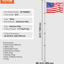 VEVOR 25FT Telescoping Flag pole Kit, Heavy Duty Aluminum Alloy in Ground Flag Poles for Outside, 3 Display Modes Flagpole with 3x5 American Flag, Professional Accessories, Silver