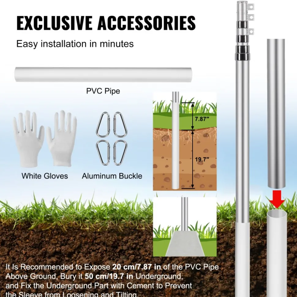 VEVOR 25FT Telescoping Flag pole Kit, Heavy Duty Aluminum Alloy in Ground Flag Poles for Outside, 3 Display Modes Flagpole with 3x5 American Flag, Professional Accessories, Silver