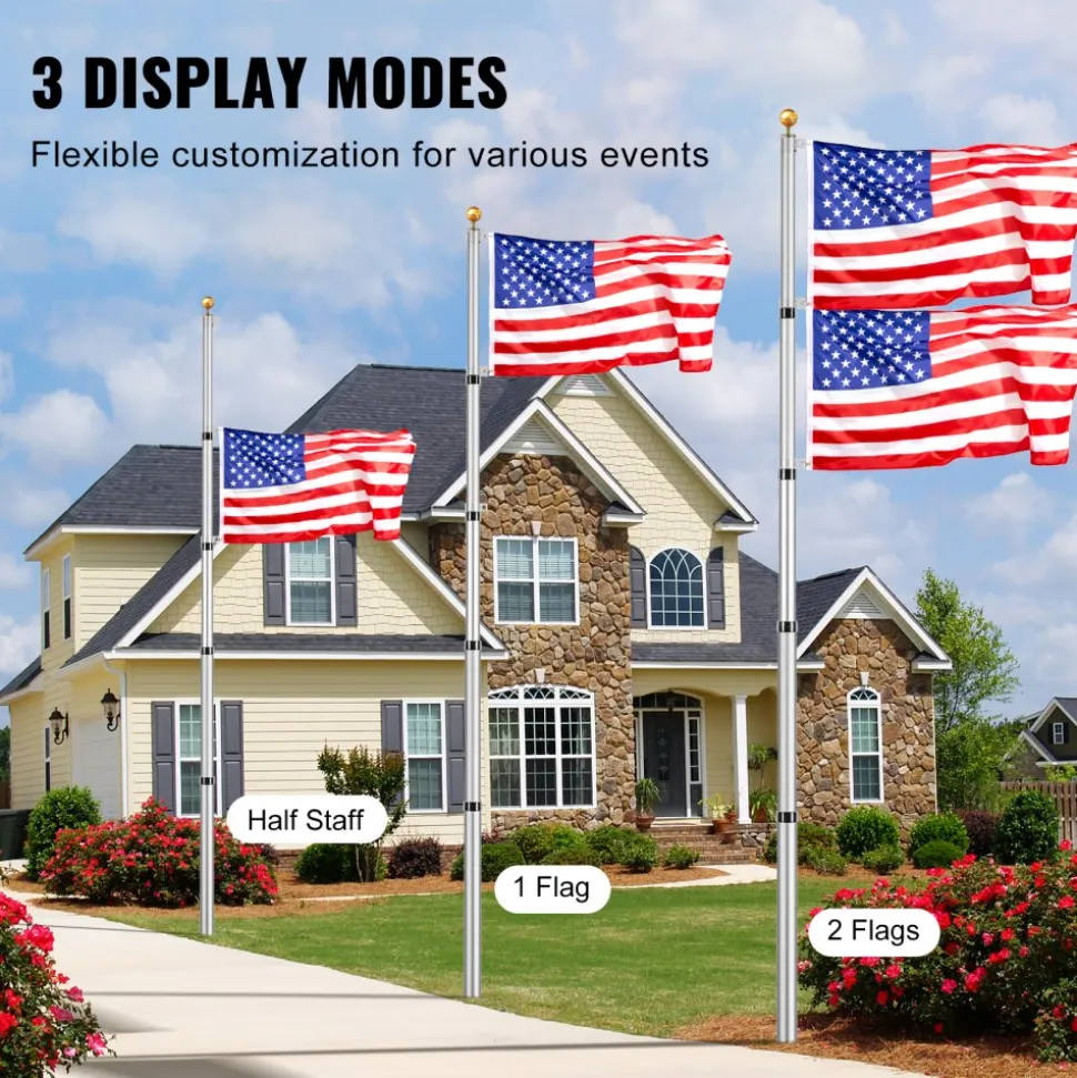 VEVOR 25FT Telescoping Flag pole Kit, Heavy Duty Aluminum Alloy in Ground Flag Poles for Outside, 3 Display Modes Flagpole with 3x5 American Flag, Professional Accessories, Silver