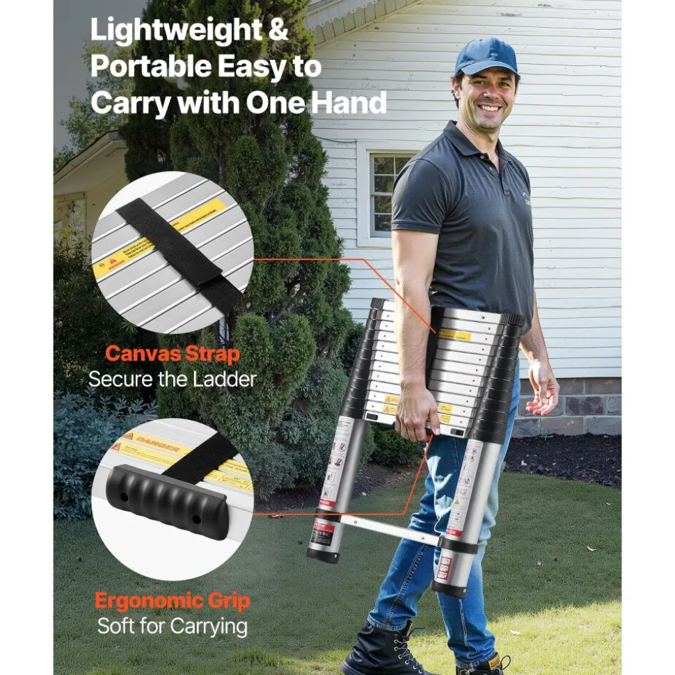 VEVOR 12.5ft Telescoping Ladder, Aluminum Lightweight Multi-Purpose Collapsible Extension, One-Touch Retraction Ladder, Heavy Duty 330LBS Max Capacity with Non-Slip Feet, for Home, Outdoor Work, Loft