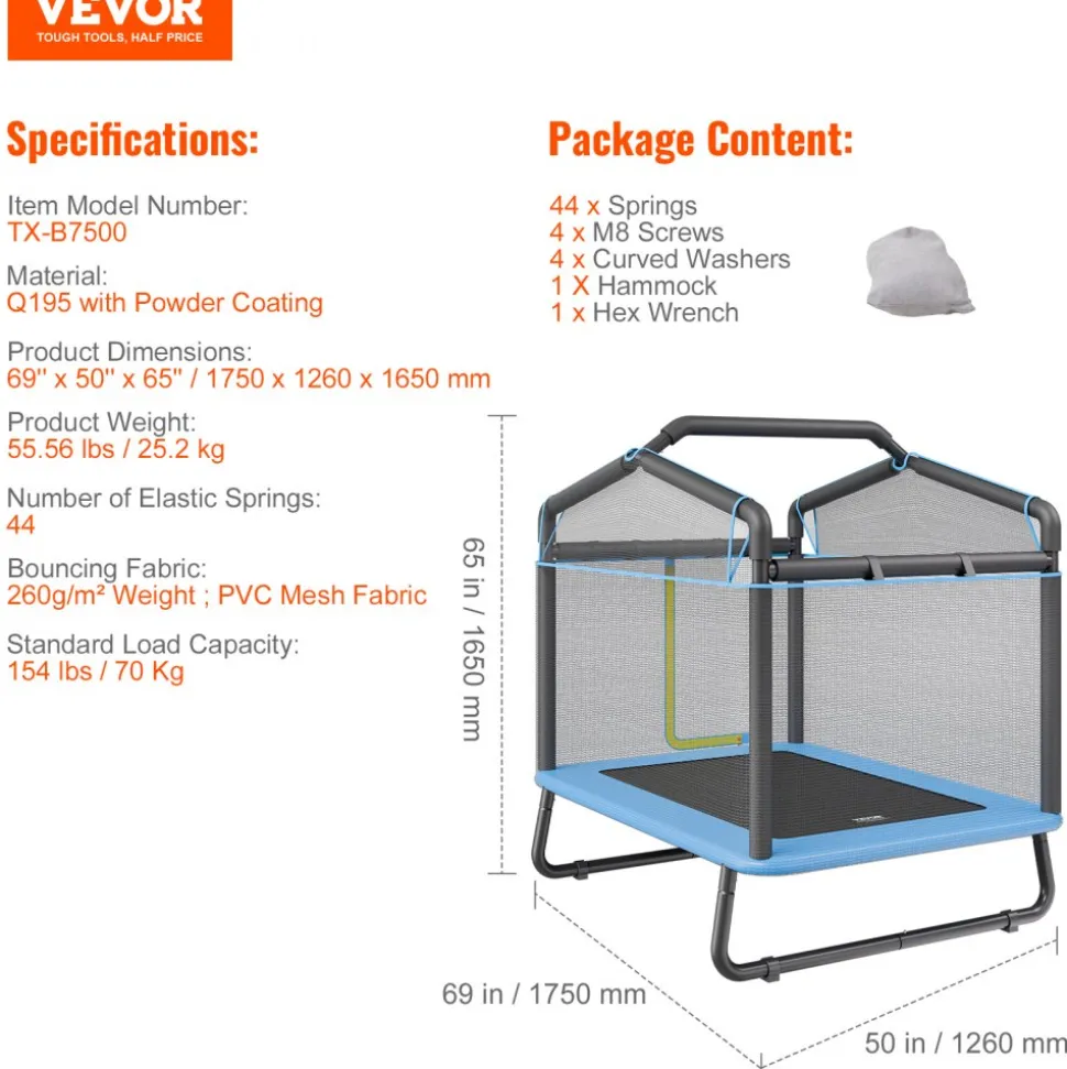 VEVOR 6FT Trampoline for Kids, 72" Indoor/Outdoor Toddlers Trampoline, Mini Baby Trampoline with Safety Enclosure Net, Gymnastics Bar, Hammock, Recreational Trampoline Birthday Gift for 3+ Years Kids