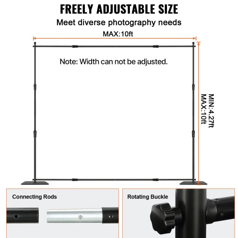 VEVOR 10ft x 10ft Pipe and Drape Kit, Heavy Duty Backdrop Stand with Carbon Steel Base, Adjustable Backdrop Support with 6 Clamps and A Carry Bag for Wedding, Party, Event, Photography, and Exhibition