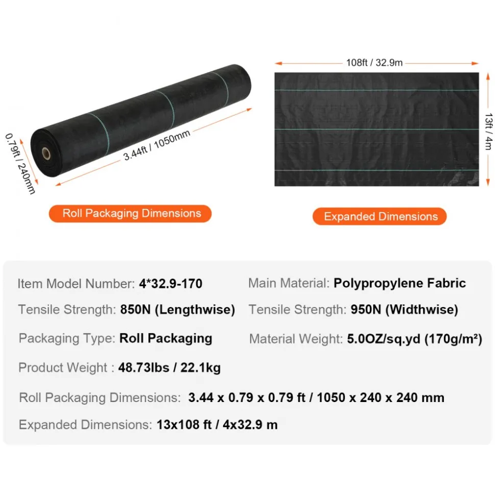 VEVOR 13FTx108FT Premium Heavy Duty Weed Barrier Landscape Fabric, 5OZ Woven Geotextile Fabric Under Gravel, High Permeability for Weed Blocker Weed Mat, Driveway Fabric, Weed Control Garden Cloth