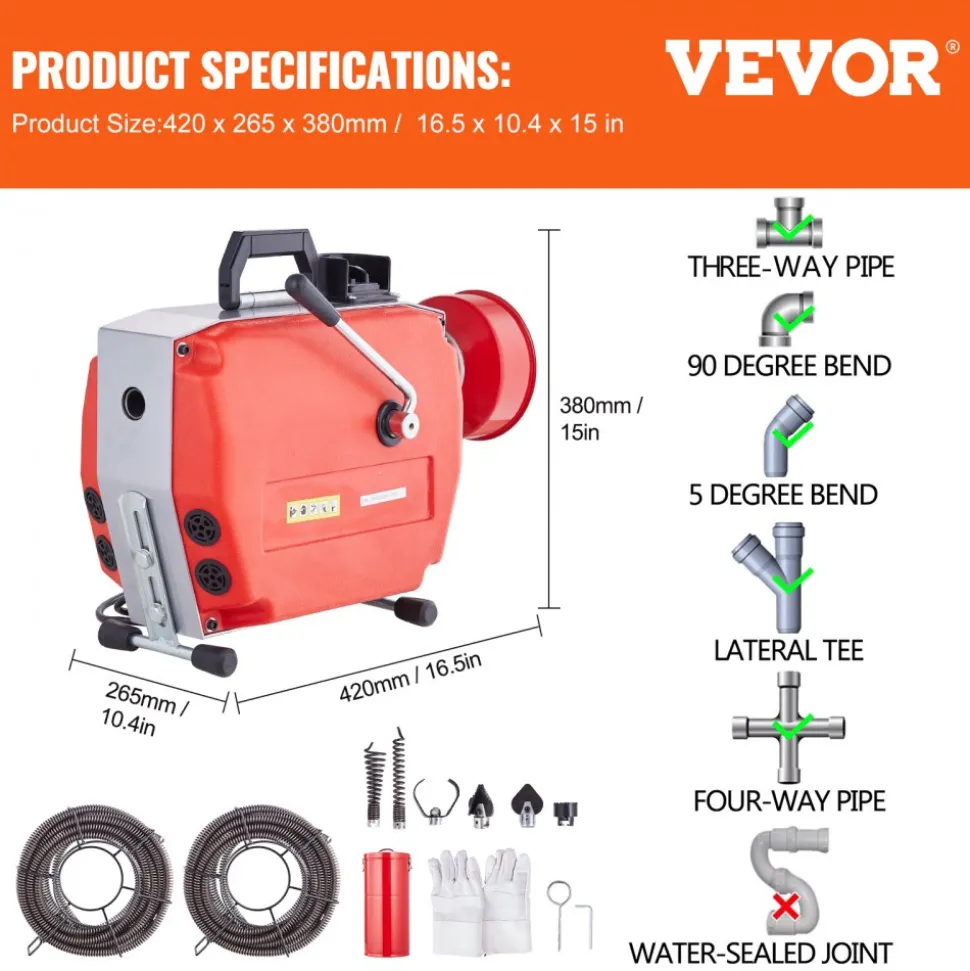 VEVOR 120FT x 7/8 Inch Drain Cleaner Machine, 420W Electric Sewer Snake Auger Manual Feed - with 6 Cutters, 2 Steel Cables (120' x 7/8" and 18' x 3/8") & CW/CCW Control for 1.9" to 6" Pipes