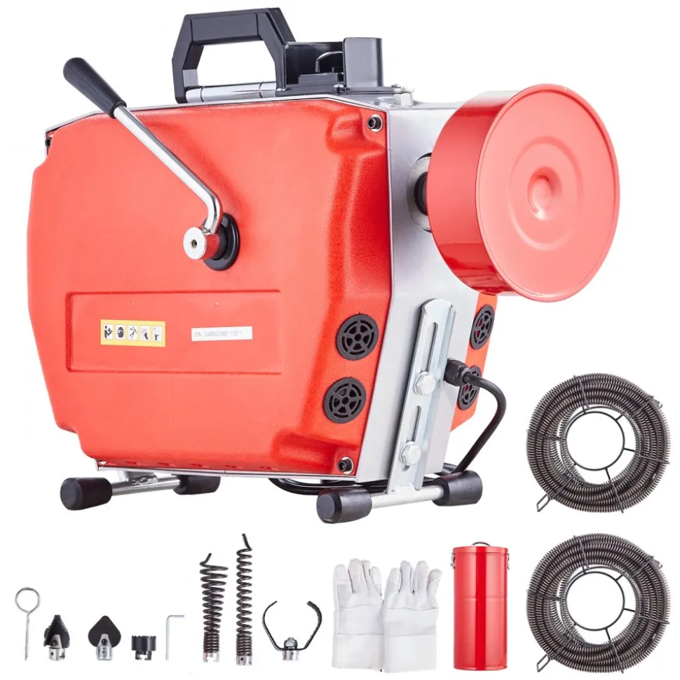 VEVOR 120FT x 7/8 Inch Drain Cleaner Machine, 420W Electric Sewer Snake Auger Manual Feed - with 6 Cutters, 2 Steel Cables (120' x 7/8" and 18' x 3/8") & CW/CCW Control for 1.9" to 6" Pipes