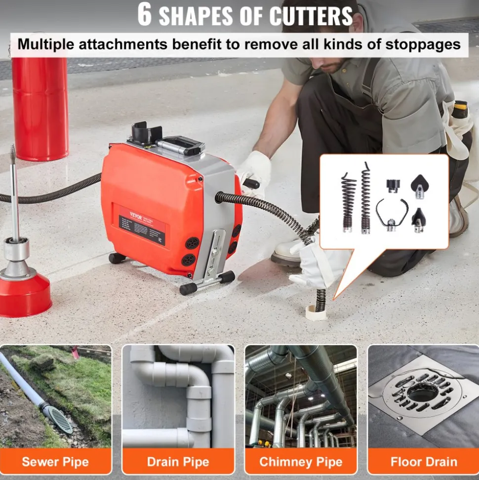 VEVOR 120FT x 7/8 Inch Drain Cleaner Machine, 420W Electric Sewer Snake Auger Manual Feed - with 6 Cutters, 2 Steel Cables (120' x 7/8" and 18' x 3/8") & CW/CCW Control for 1.9" to 6" Pipes
