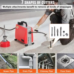 VEVOR 66FT x 5/8 Inch Drain Cleaner Machine, 250W Electric Sewer Snake Auger Manual Feed - with 7 Cutters, 2 Steel Cables (66' x 5/8