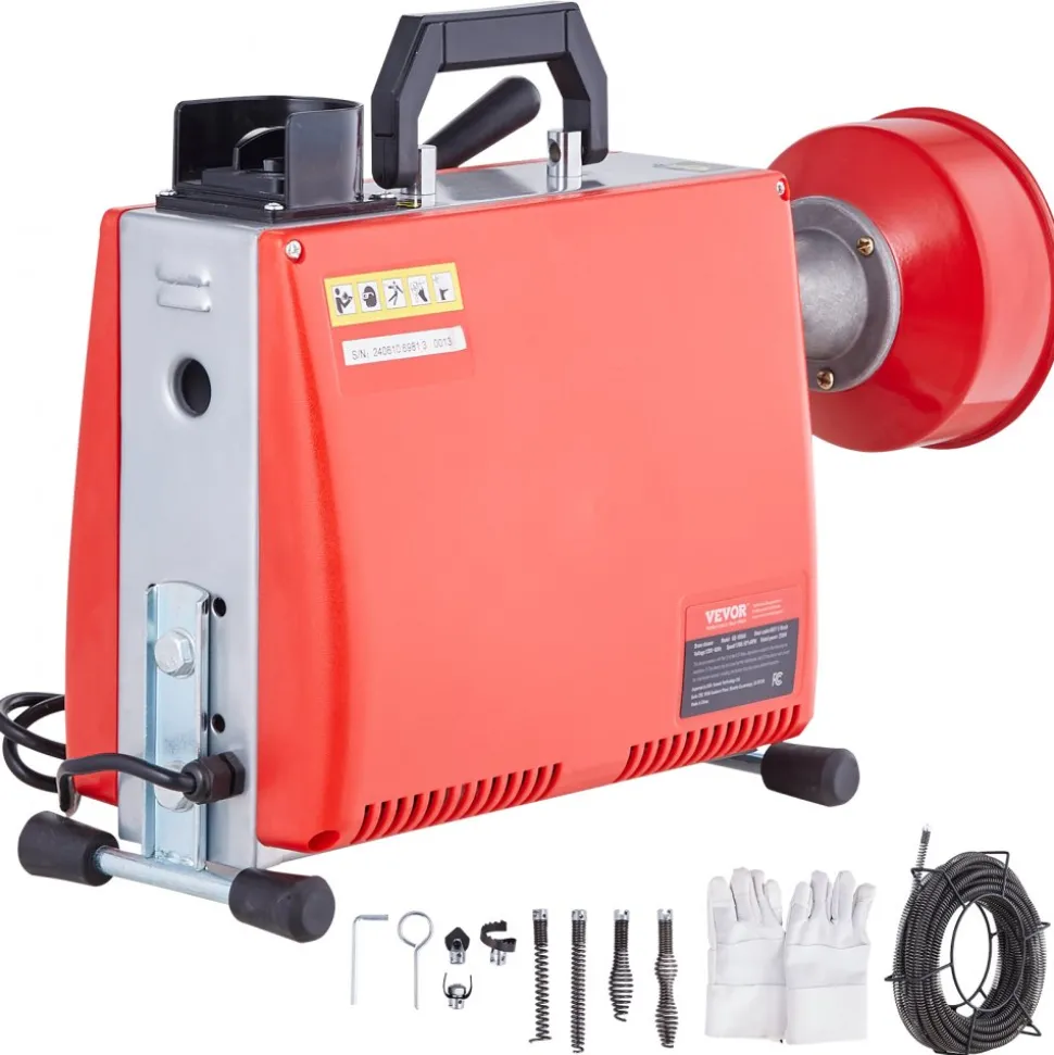 VEVOR 66FT x 5/8 Inch Drain Cleaner Machine, 250W Electric Sewer Snake Auger Manual Feed - with 7 Cutters, 2 Steel Cables (66' x 5/8" and 15' x 3/8")& CW/CCW Control for 1.6" to 4" Pipes