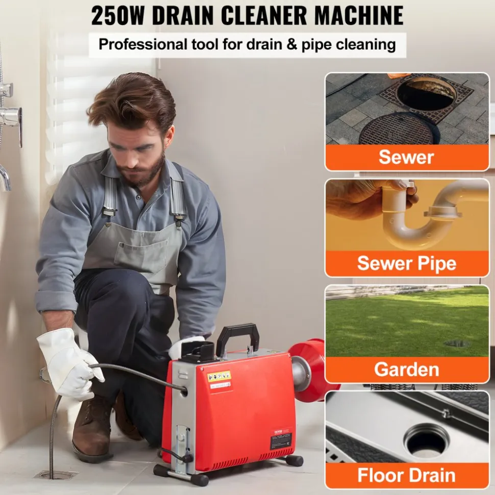 VEVOR 66FT x 5/8 Inch Drain Cleaner Machine, 250W Electric Sewer Snake Auger Manual Feed - with 7 Cutters, 2 Steel Cables (66' x 5/8" and 15' x 3/8")& CW/CCW Control for 1.6" to 4" Pipes
