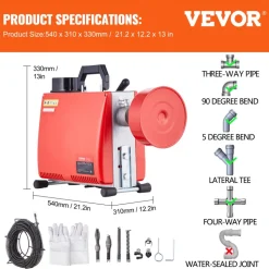 VEVOR 66FT x 5/8 Inch Drain Cleaner Machine, 250W Electric Sewer Snake Auger Manual Feed - with 7 Cutters, 2 Steel Cables (66' x 5/8