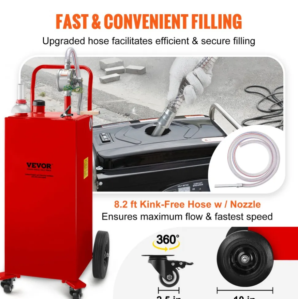 VEVOR Fuel Caddy, 35 Gallon, Gas Storage Tank on 4 Wheels, with Manuel Transfer Pump, Gasoline Diesel Fuel Container for Cars, Lawn Mowers, ATVs, Boats, More, Red