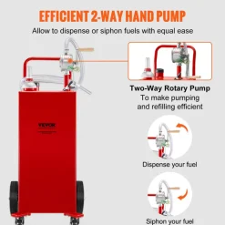 VEVOR Fuel Caddy, 35 Gallon, Gas Storage Tank on 4 Wheels, with Manuel Transfer Pump, Gasoline Diesel Fuel Container for Cars, Lawn Mowers, ATVs, Boats, More, Red