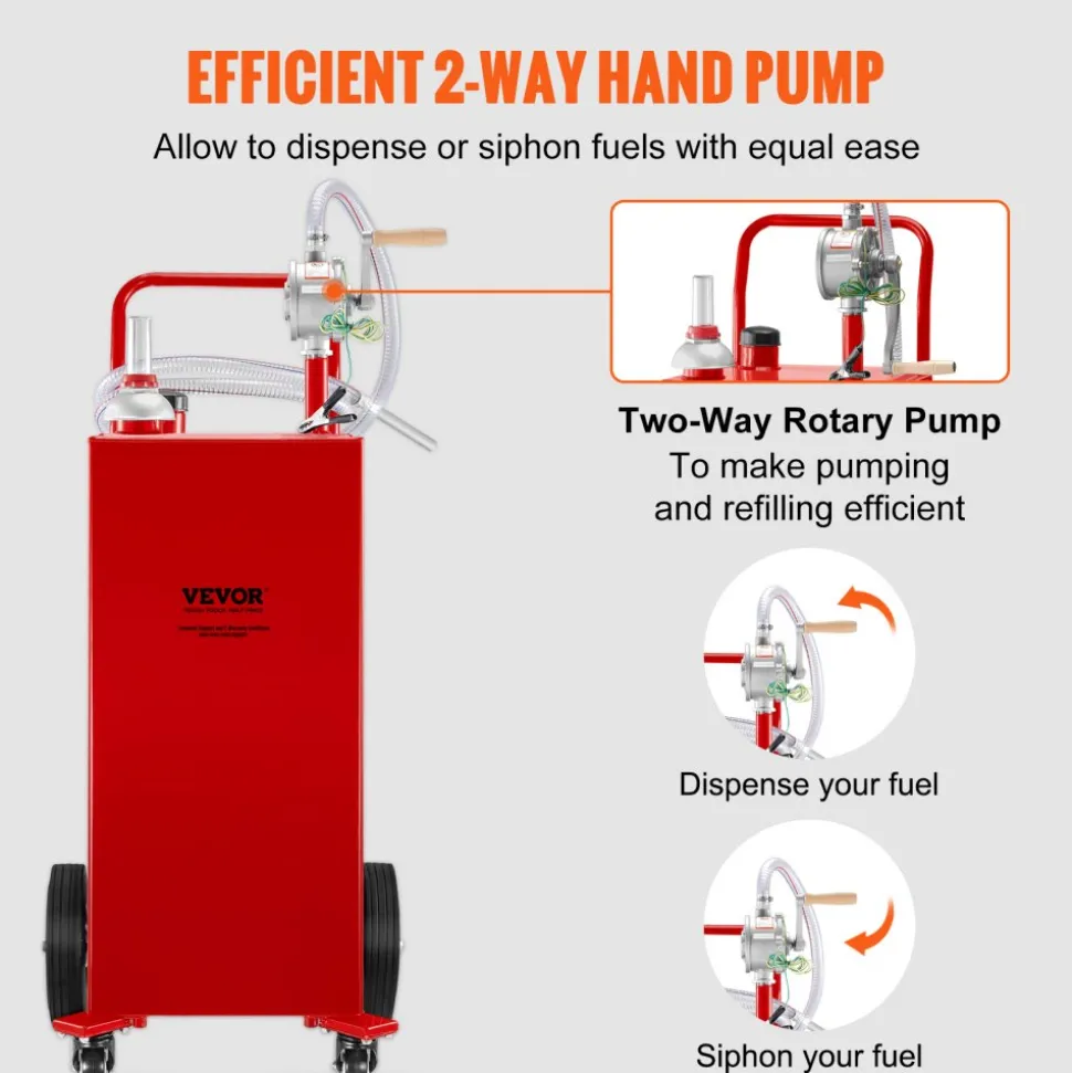 VEVOR Fuel Caddy, 35 Gallon, Gas Storage Tank on 4 Wheels, with Manuel Transfer Pump, Gasoline Diesel Fuel Container for Cars, Lawn Mowers, ATVs, Boats, More, Red