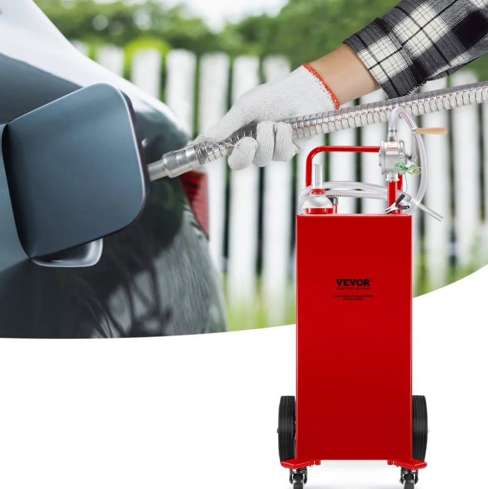 VEVOR Fuel Caddy, 35 Gallon, Gas Storage Tank on 4 Wheels, with Manuel Transfer Pump, Gasoline Diesel Fuel Container for Cars, Lawn Mowers, ATVs, Boats, More, Red