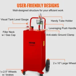 VEVOR Fuel Caddy, 35 Gallon, Gas Storage Tank on 4 Wheels, with Manuel Transfer Pump, Gasoline Diesel Fuel Container for Cars, Lawn Mowers, ATVs, Boats, More, Red