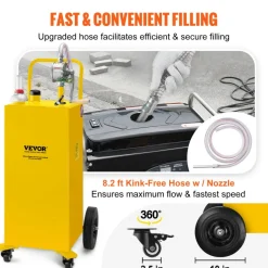 VEVOR Fuel Caddy, 35 Gallon, Gas Storage Tank on 4 Wheels, with Manuel Transfer Pump, Gasoline Diesel Fuel Container for Cars, Lawn Mowers, ATVs, Boats, More, Yellow