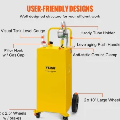 VEVOR Fuel Caddy, 35 Gallon, Gas Storage Tank on 4 Wheels, with Manuel Transfer Pump, Gasoline Diesel Fuel Container for Cars, Lawn Mowers, ATVs, Boats, More, Yellow
