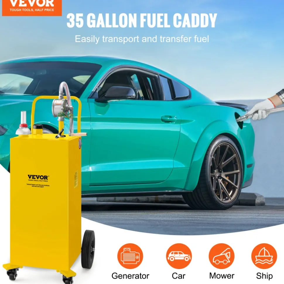 VEVOR Fuel Caddy, 35 Gallon, Gas Storage Tank on 4 Wheels, with Manuel Transfer Pump, Gasoline Diesel Fuel Container for Cars, Lawn Mowers, ATVs, Boats, More, Yellow
