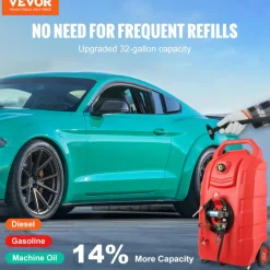 VEVOR Fuel Caddy, 32 Gallon, Portable Fuel Storage Tank On-Wheels, with 12V DC Transfer Pump, Gasoline Diesel Fuel Container with 8.2 ft Hose, Flow Rate 7L/min, for Trucks, Boats, Lawn Mowers