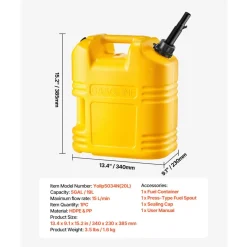 VEVOR Fuel Container, 5 Gallon, Gas Tank with Spout & Clear Scale, 15 L/min Max Flow Rate, Secure & Leak-proof, Portable Flat Fluid Container for Most Cars Motorcycle SUV ATV UTV, Yellow, 1 Pack
