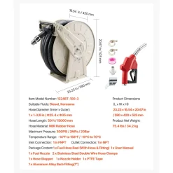 VEVOR Fuel Hose Reel, 1 inch x 50 ft Retractable, Spring Driven Auto Swivel Rewind, 300 PSI, Heavy-Duty Carbon Steel Construction with Industrial Grade Rubber Hose, for Diesel Fuel, Kerosene